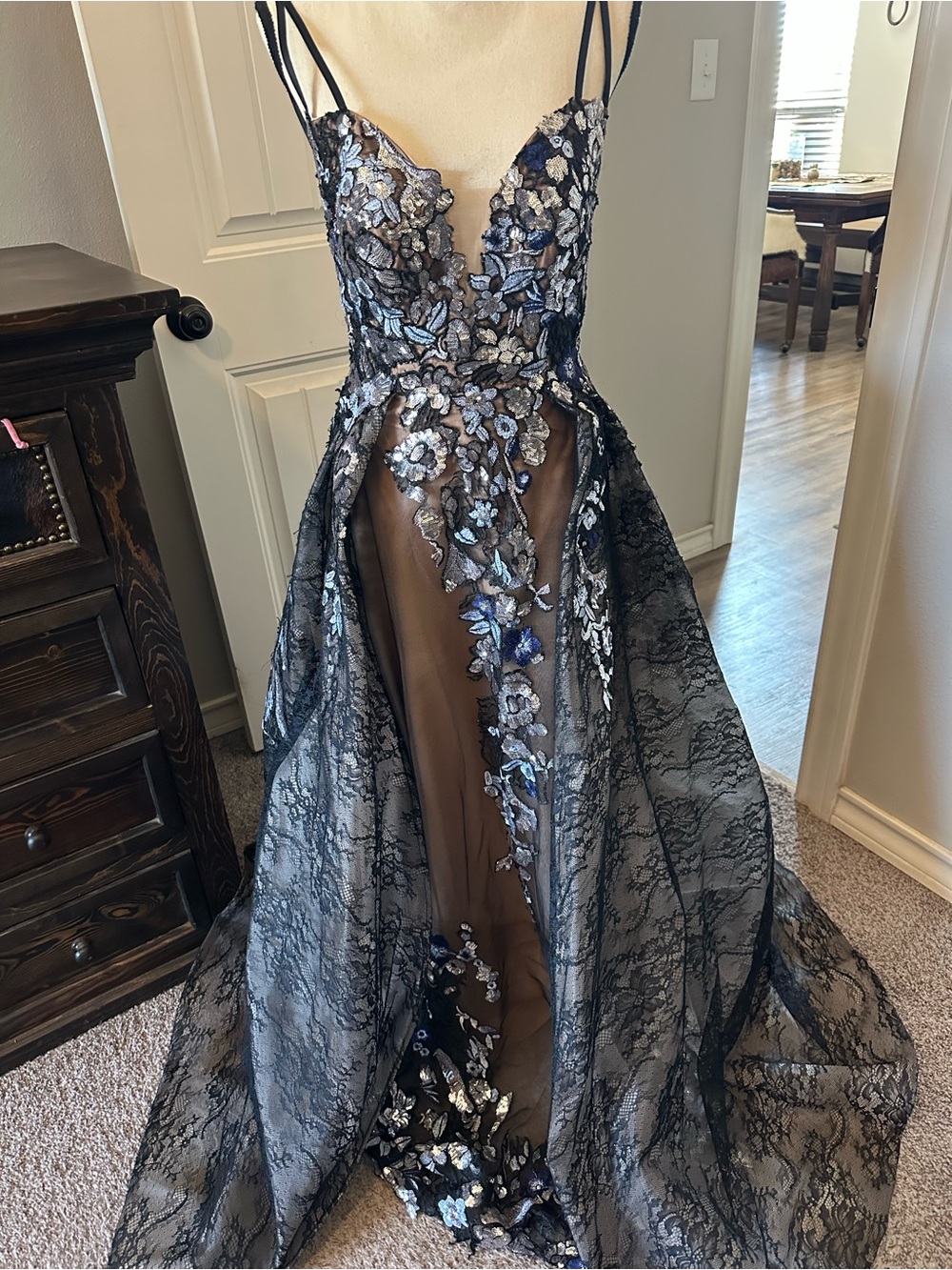 Embellished Black Lace Prom Dress with Blue Floral Appliqué